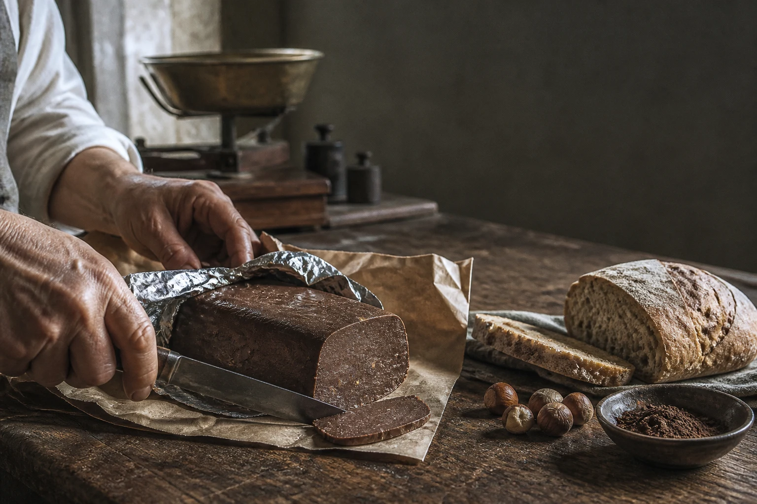 Reconstrução editorial de um bloco de Giandujot sendo fatiado sobre pão.