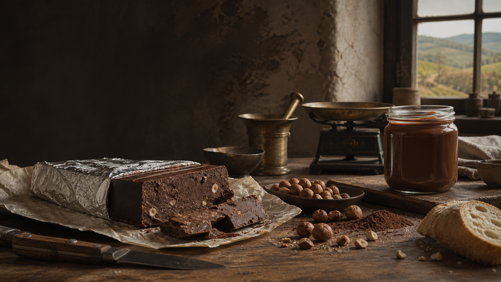 Reconstrução editorial de um bloco de gianduia diante de um pote moderno sem rótulo.