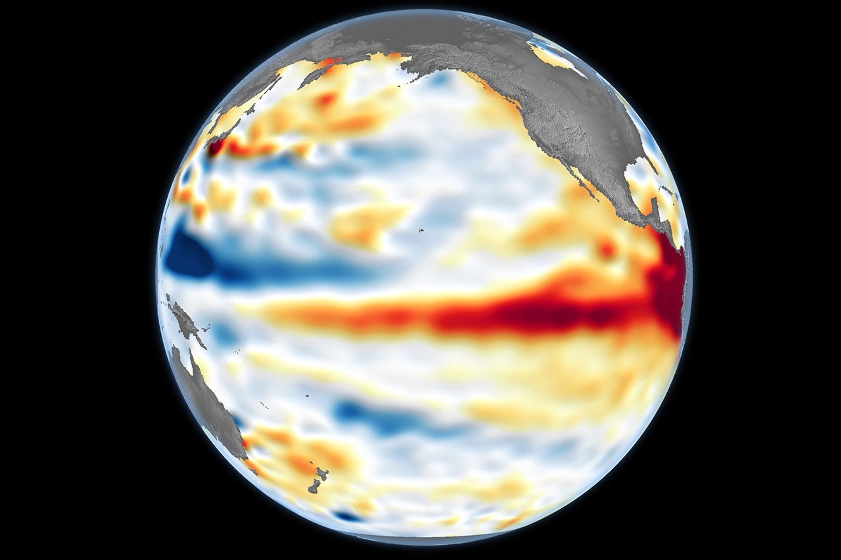 Mapa da NASA mostra anomalias de altura da superfície do mar no Pacífico central e oriental em 8 de junho de 2026.